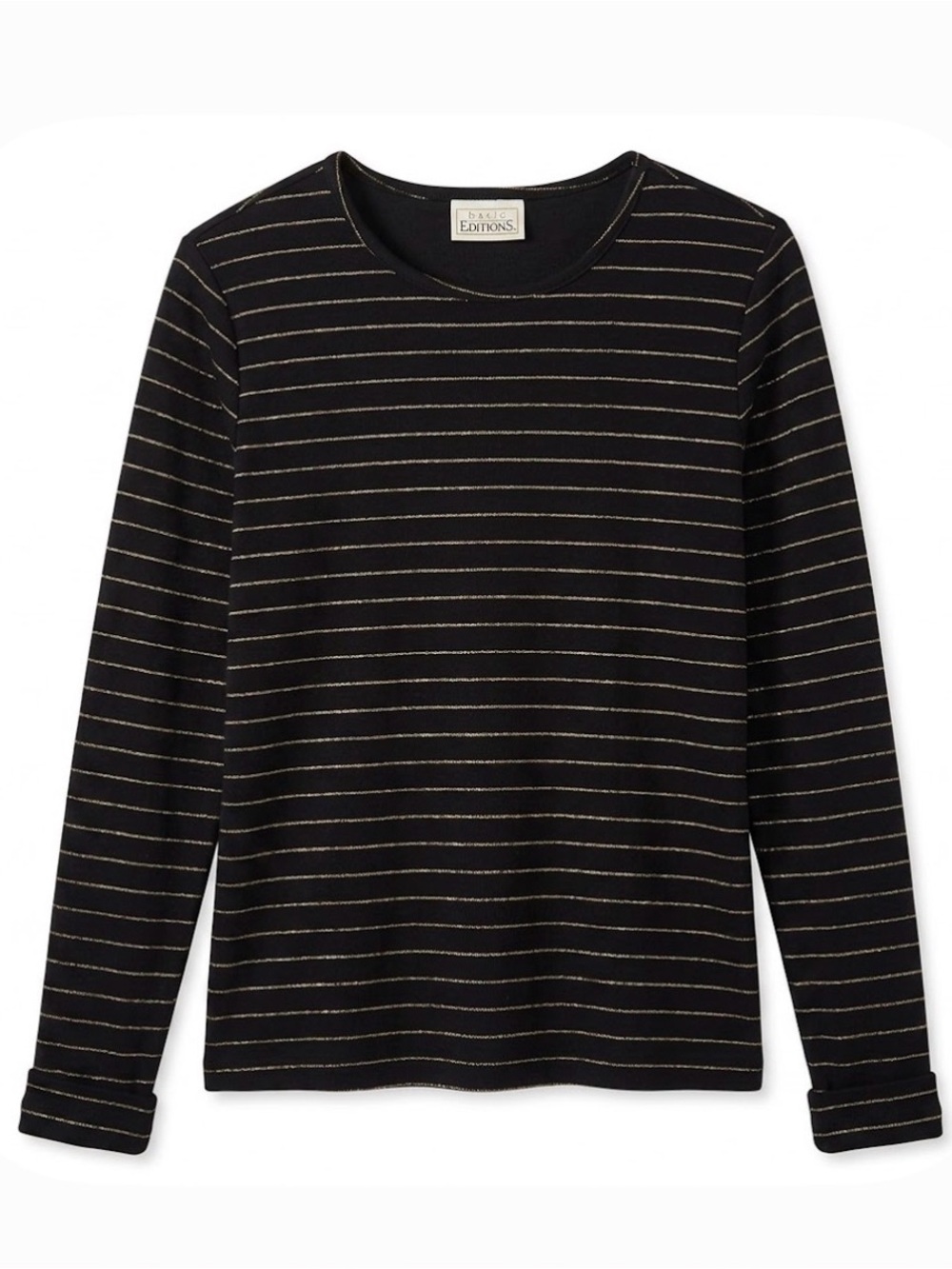 BASIC EDITIONS Striped Long Sleeve Top, Women’s M, Black Gold